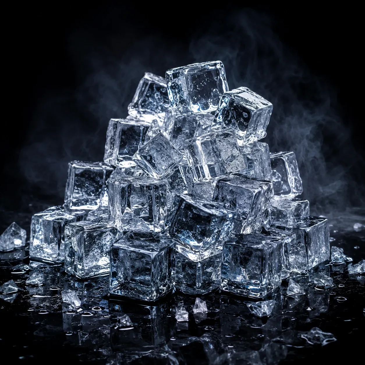 Pilha de cubos de gelo transparentes sobre superfície escura