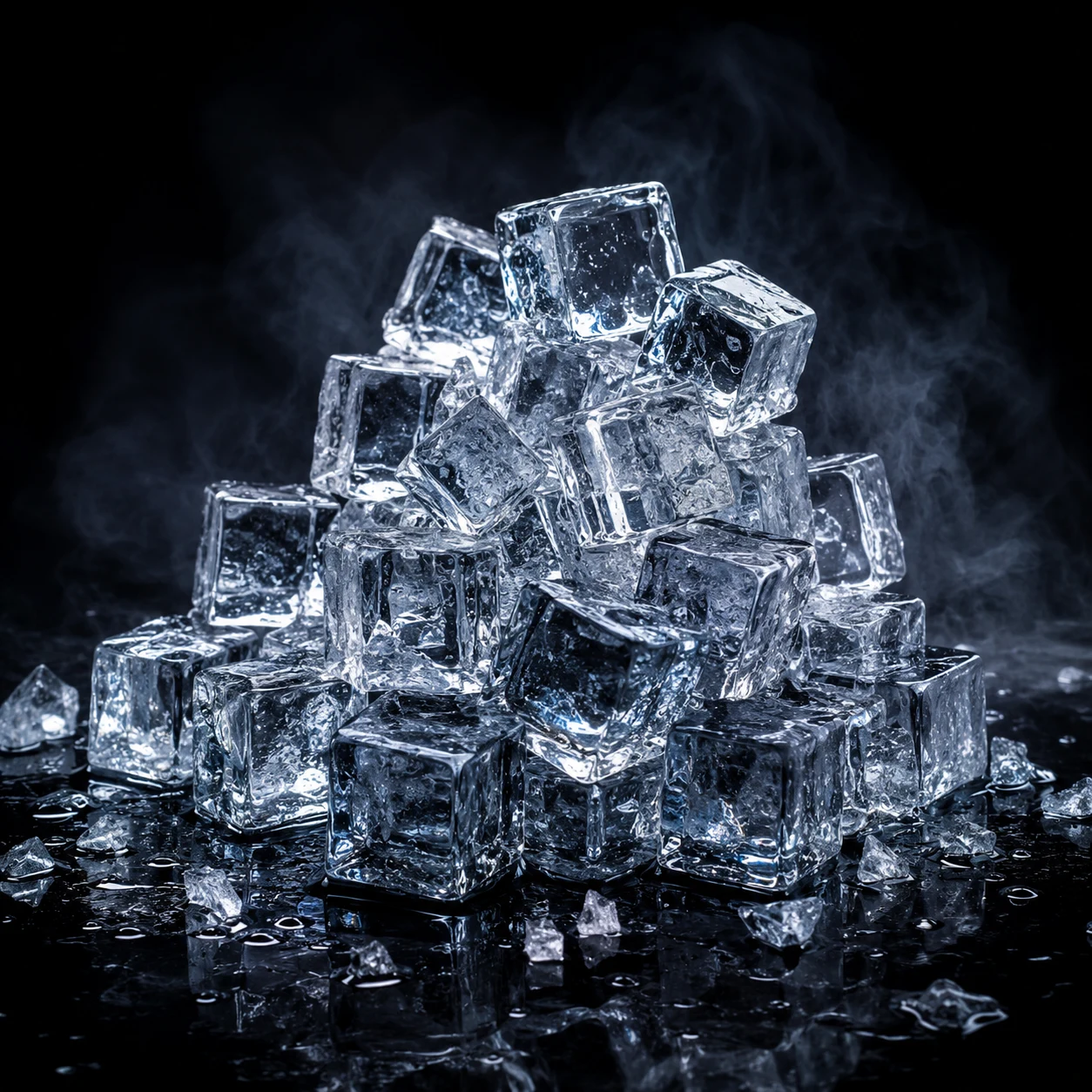 Pilha de cubos de gelo transparentes sobre superfície escura