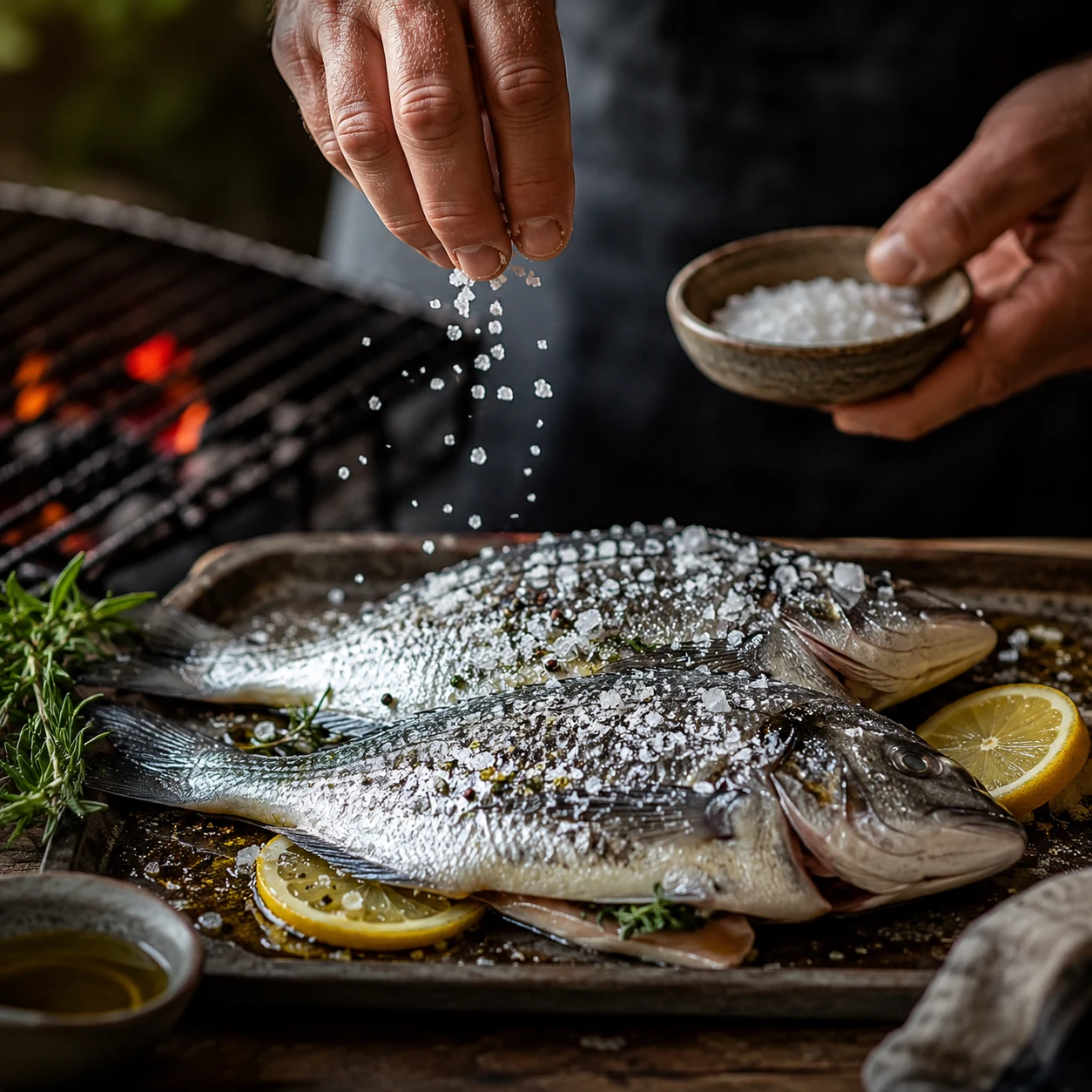 Peixe a ser temperado com sal marinho grosso